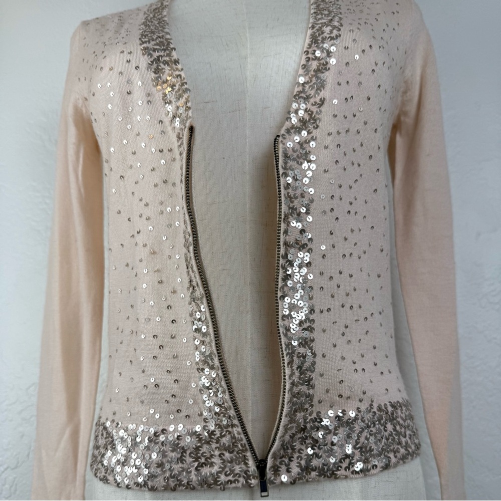 RARE Archive J.Crew 100% Wool Sequin "Chloe" Zip Cardigan PRISTINE Peach XS - Picture 5 of 9